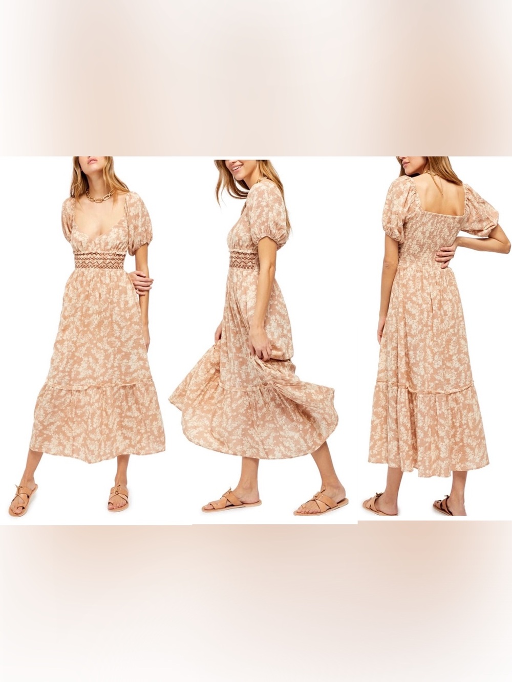 Free People Ellie Printed Maxi 100% cotton Dress in a neutral cream floral size